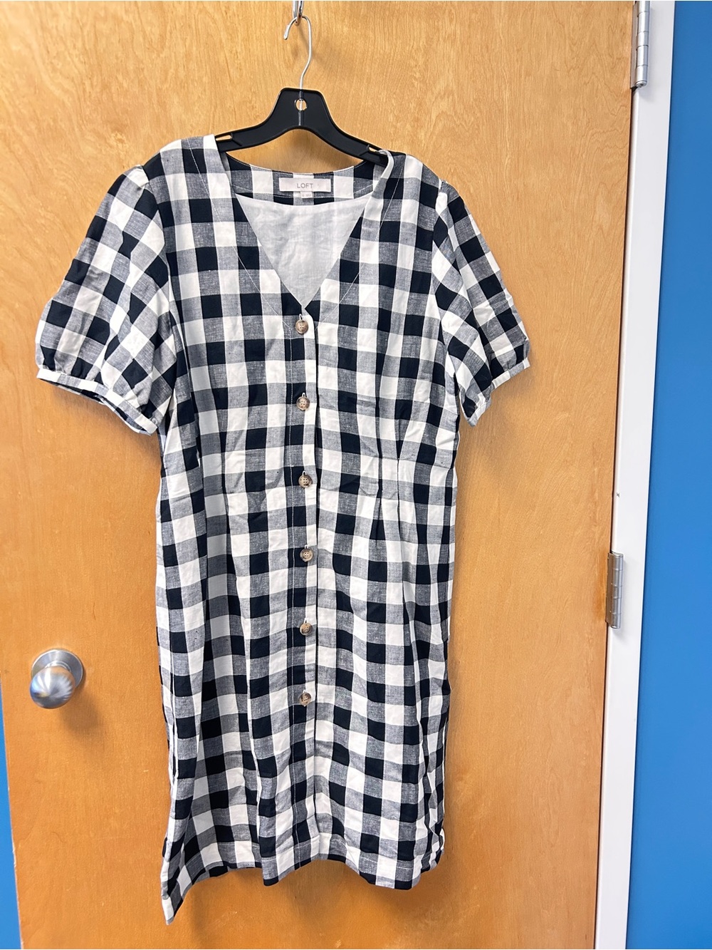 LOFT Black & White Linen Gingham Button-Front Midi Dress